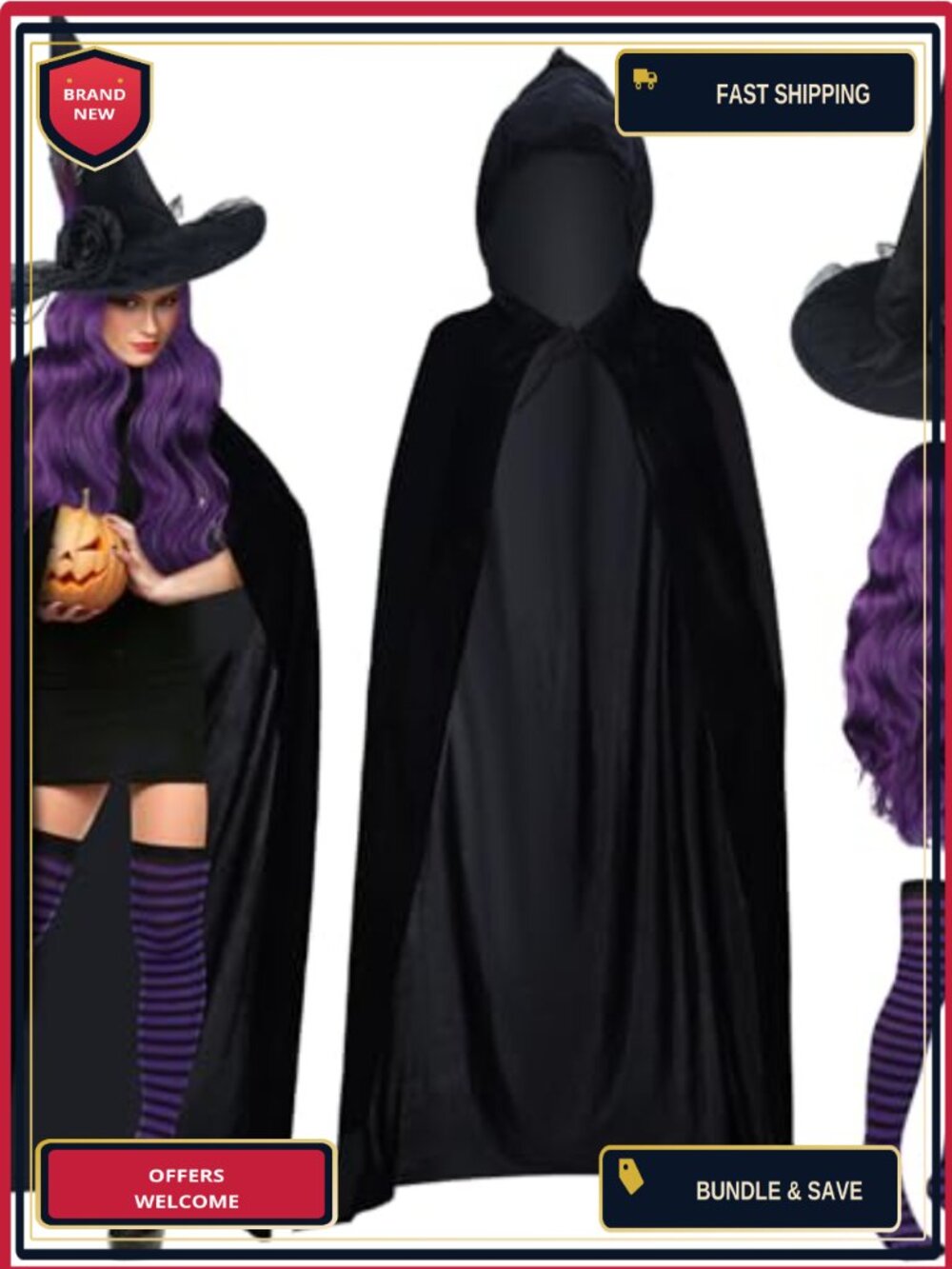 Witch Costume Set Velvet Cloak Hat Wig Stockings Cosplay